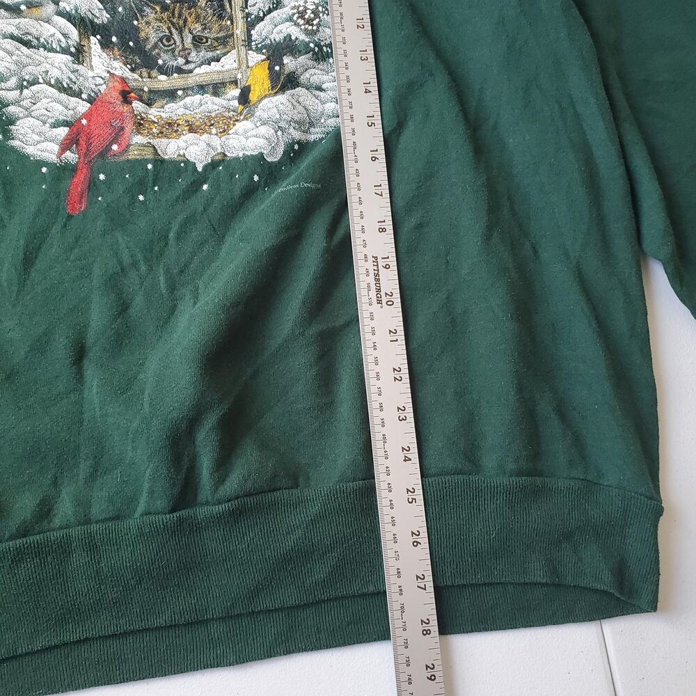 Vintage Endless Designs Sweatshirt Womens 2XL Green Cat Cardinal Christmas 90s - Picture 6 of 8